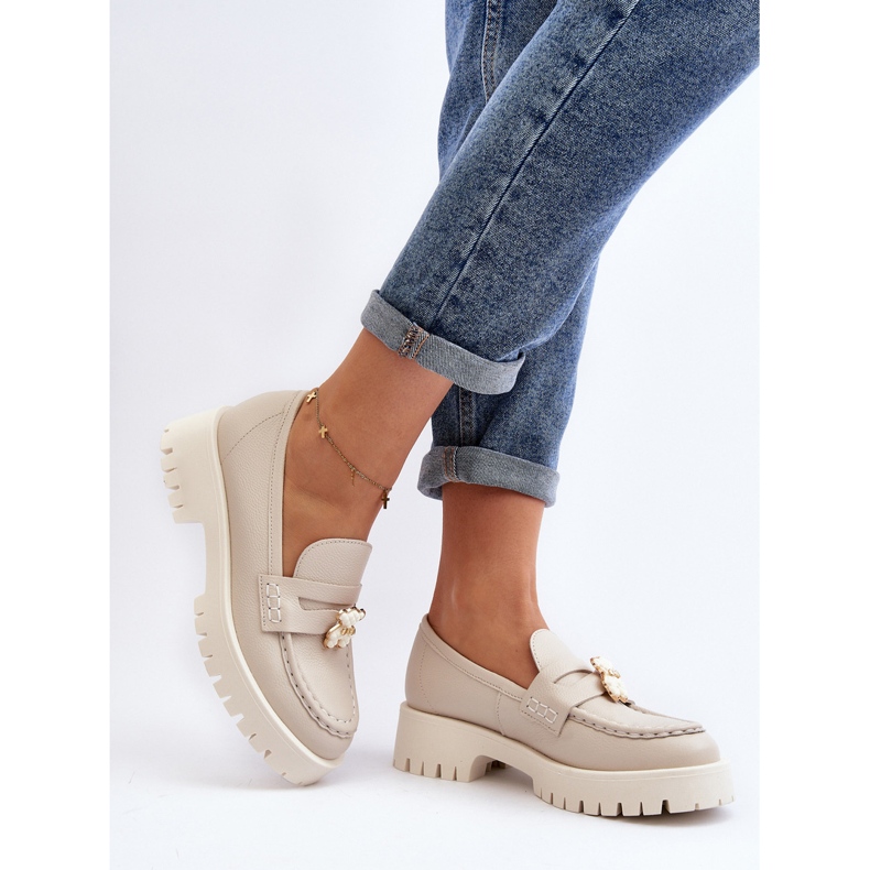 Bőr Cipők Mokaszinok Mackóval CheBello 4291 Világos bézs 1