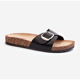 Női papucsok parafa emelvényen csattal, fekete Moaxi 1