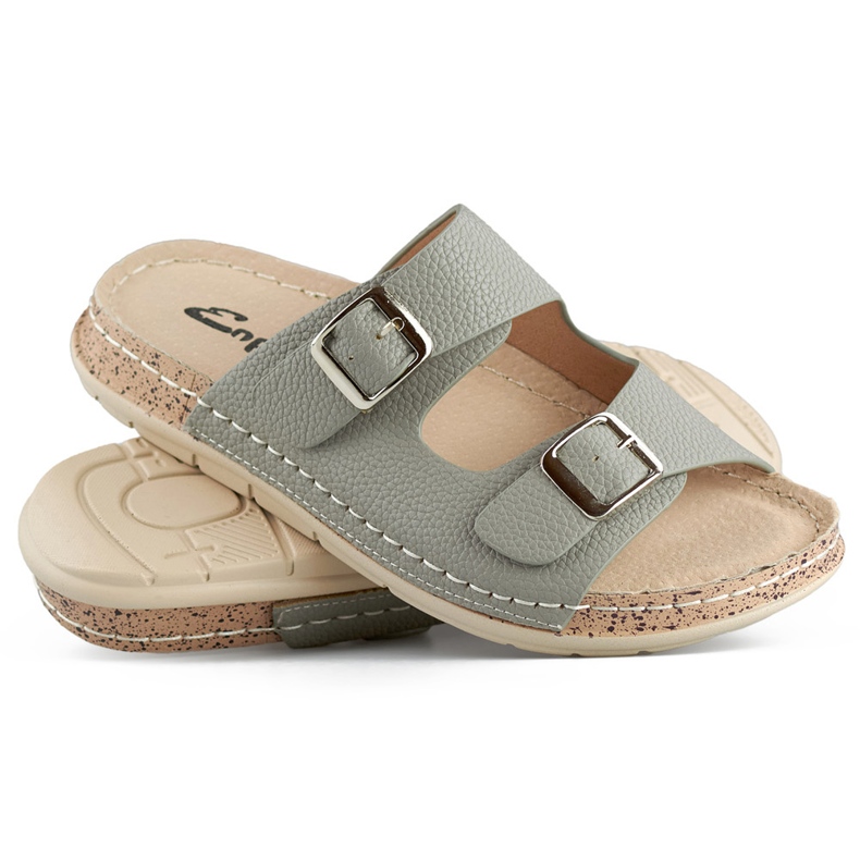 Kényelmes szürke női papucs két csattal és bőr talpbetéttel 1