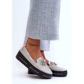 Fényes női bőr mokaszinok az S.Barski LR400 platformon, ezüst 2