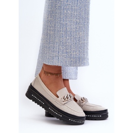 Női bőr mokaszinok egy emelvényen lánccal S.Barski LR618 Beige bézs 2
