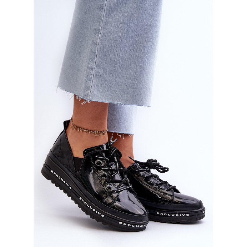 Női fűzős cipők platformon természetes bőr S.Barski LR620 fekete 2