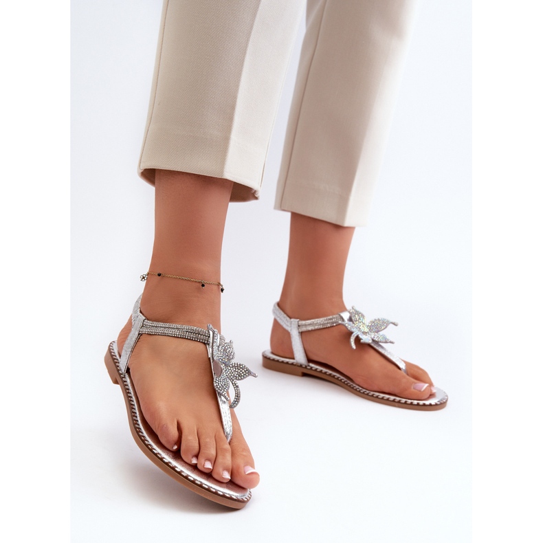 Női lapos szandál dekoratív virággal, Silver Edonival ezüst 2
