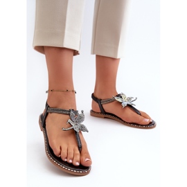 Női lapos szandál dekoratív virággal, Black Edonival fekete 2