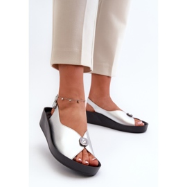 Bőr női szandál éken és emelvényen S.Barski KV27-020 ezüst 1