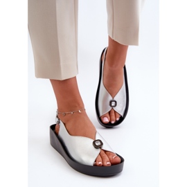 Bőr női szandál éken és emelvényen S.Barski KV27-020 ezüst 2