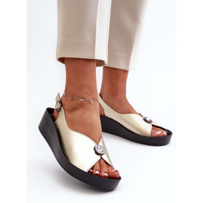 Bőr női szandál éken és platformon S.Barski KV27-020 arany aranysárga 2