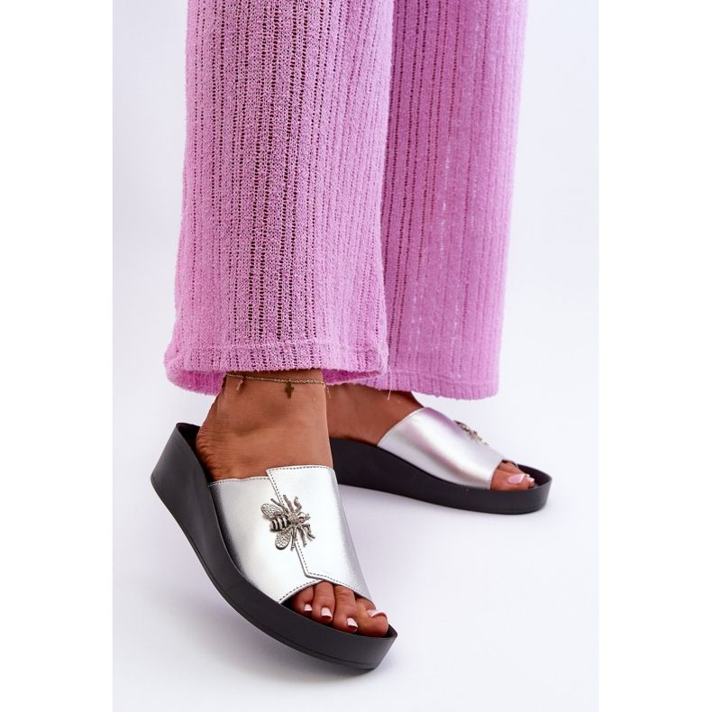 Elegáns női papucsok díszítéssel, természetes bőr S.Barski KV27-015 ezüst 2