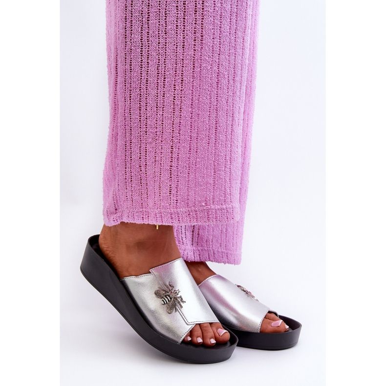 Elegáns női papucsok díszítéssel, természetes bőr S.Barski KV27-015 ezüst 1