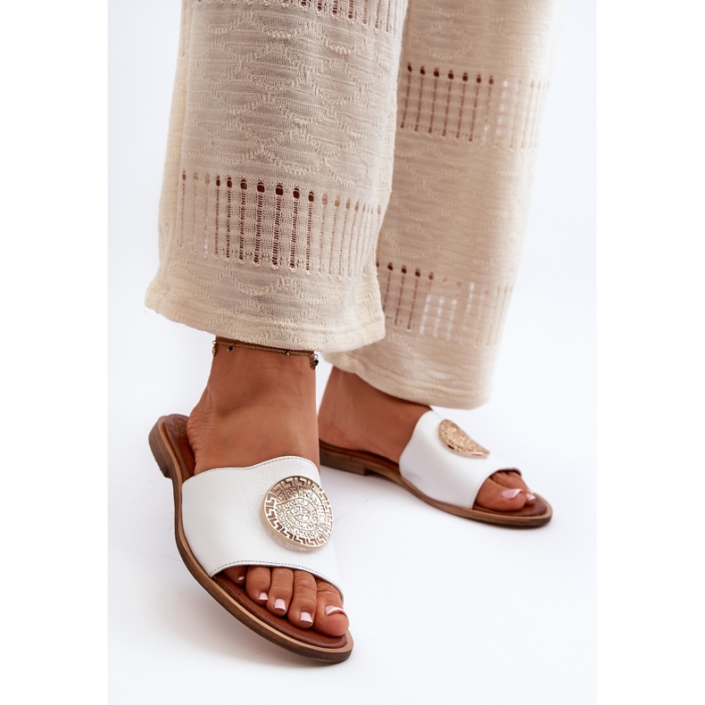 Zazoo 2938 bőr lapos papucs díszítéssel, fehér 2