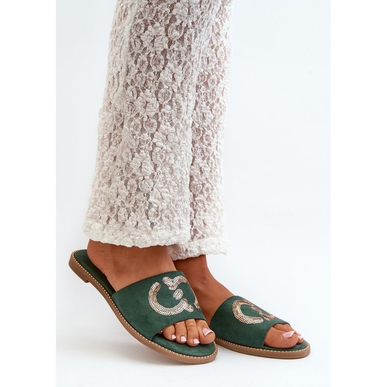 Női lapos papucs flitterekkel, S.Barski KV27-052 zöld 1