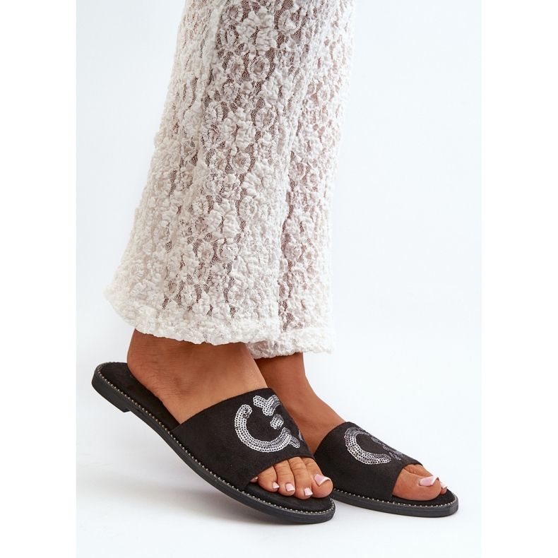 Női, lapos papucs flitterekkel, S.Barski KV27-052 fekete 2