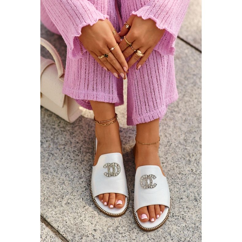 Elegáns, fényes női papucsok díszítéssel, S.Barski KV27-050 ezüst 1