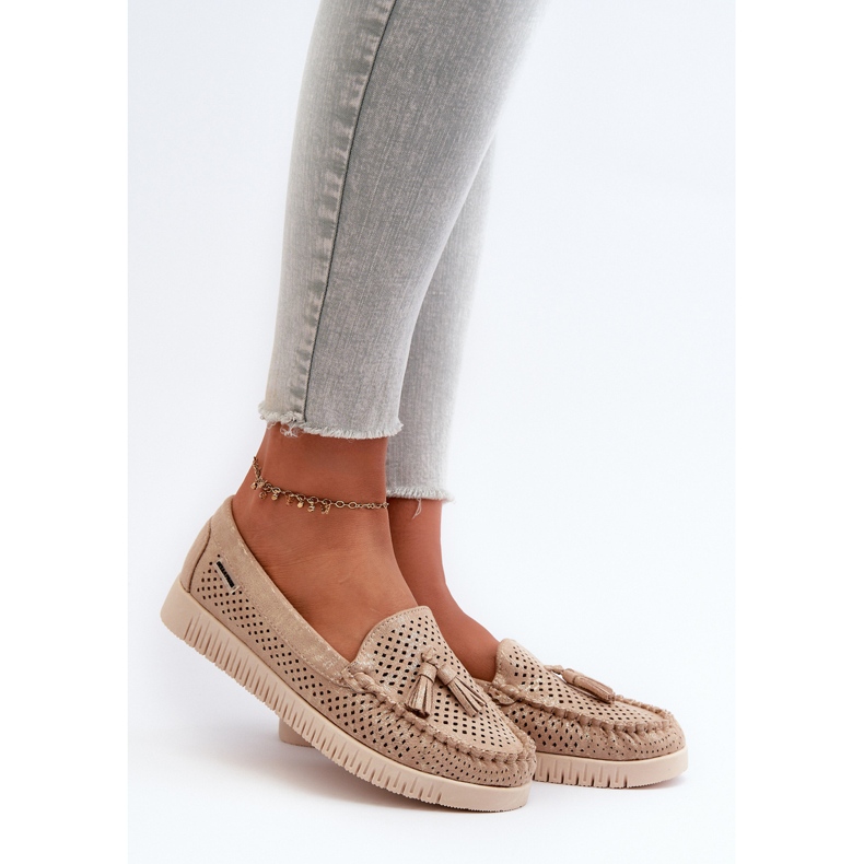 Női áttört mokaszinok Eco velúrból, Golden Tinami aranysárga 2