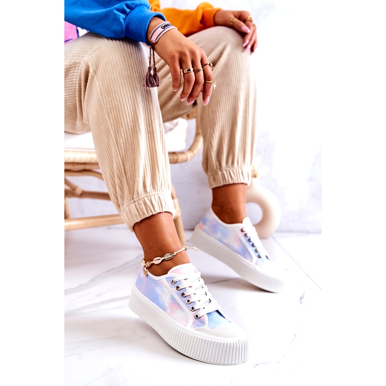 Alacsony női cipők a kék-rózsaszín platformon sokszínű 4