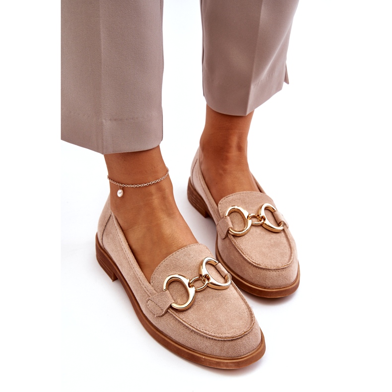 Vinceza Női bézs velúr mokaszinok arany díszítéssel 2