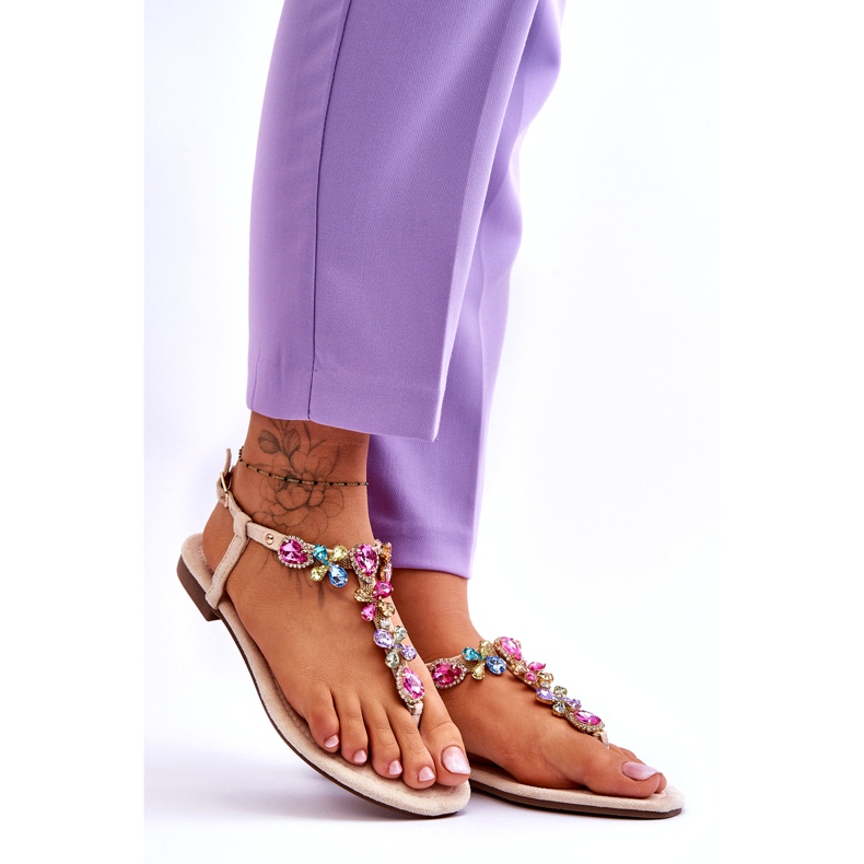 Bézs színű velúr flip-flop szandál kövekkel 4