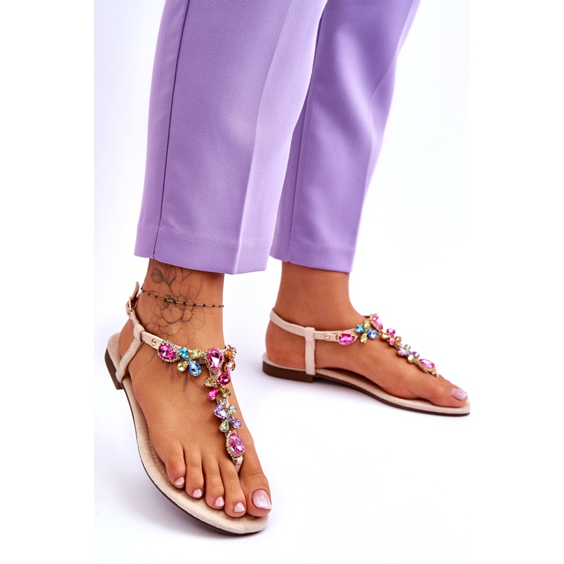 Bézs színű velúr flip-flop szandál kövekkel 1