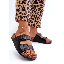 Evento Női papucsok parafa emelvényen csatokkal, fekete Klinesta 1