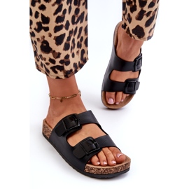 Evento Női papucsok parafa emelvényen csatokkal, fekete Klinesta 2