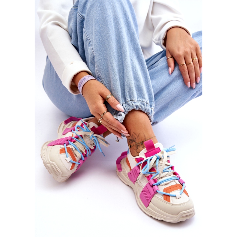 Seastar Divatos, fűzős női sportcipő, bézs és rózsaszín 3