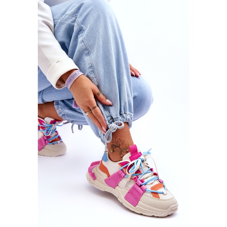 Seastar Divatos, fűzős női sportcipő, bézs és rózsaszín 2