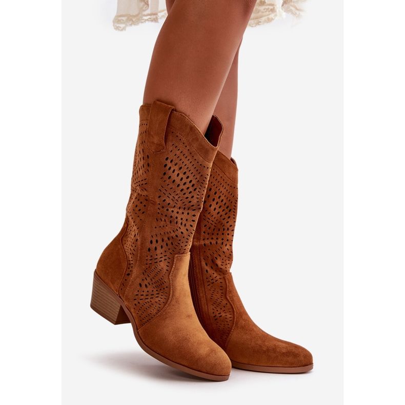 Áttört női Cowboy csizma Camel Iceda magassarkúval barna 1