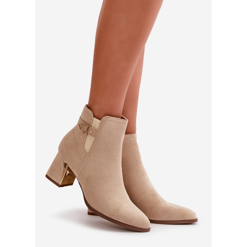 Női bokacsizma magas sarkon, cipzárral rögzítve, Eco Suede világos bézs Bonucci 1