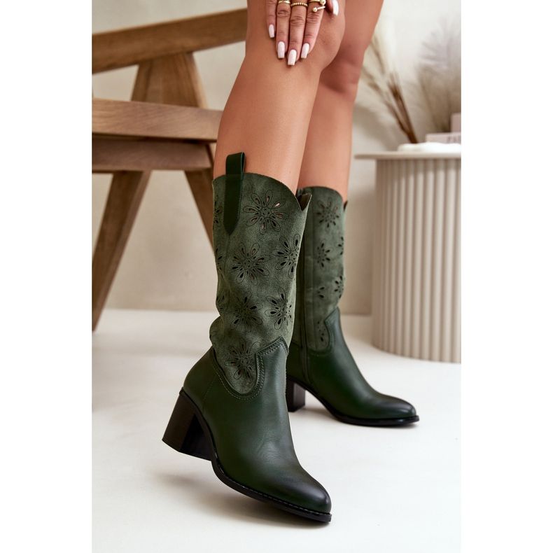 Jezzi Női áttört lábszárközépig érő csizma Eco Suede Green Nevilos anyagból zöld 2
