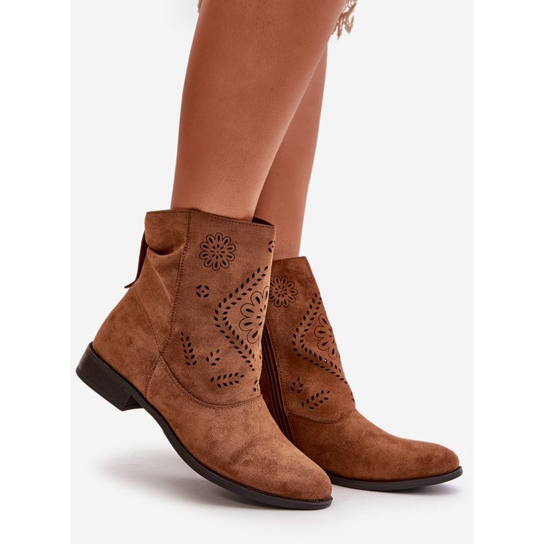 Jezzi Női áttört alacsony csizma cipzárral, barna irinette 1