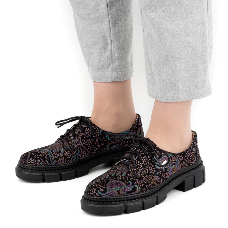 Olivier Női bőrcipő vastag talppal, virágos 1134, türkiz sokszínű 1