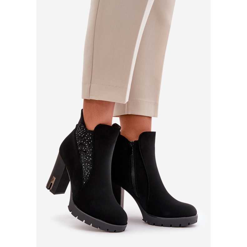 PS1 Hímzéssel ellátott, hőszigetelt női bokacsizma magas sarkon, Black Verissae fekete 1