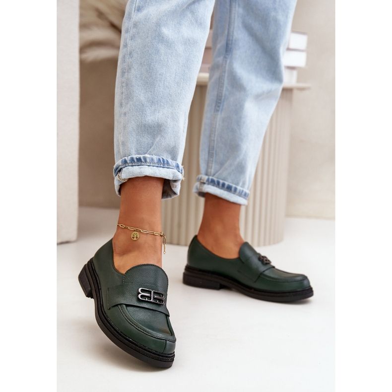 Zazoo 20174 bőr elegáns, lapos sarkú női cipő, sötétzöld 2