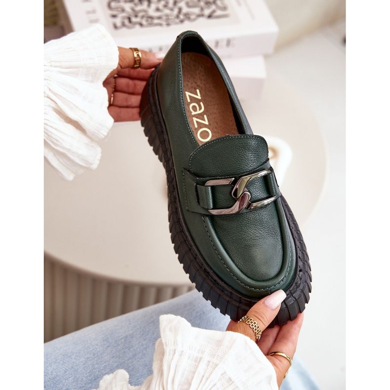 Zazoo 20176 női mokaszin cipő, természetes bőr, sötétzöld 2