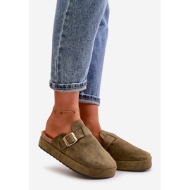 Női platform klumpás papucs arany csattal, sötétzöld Terilaina 1