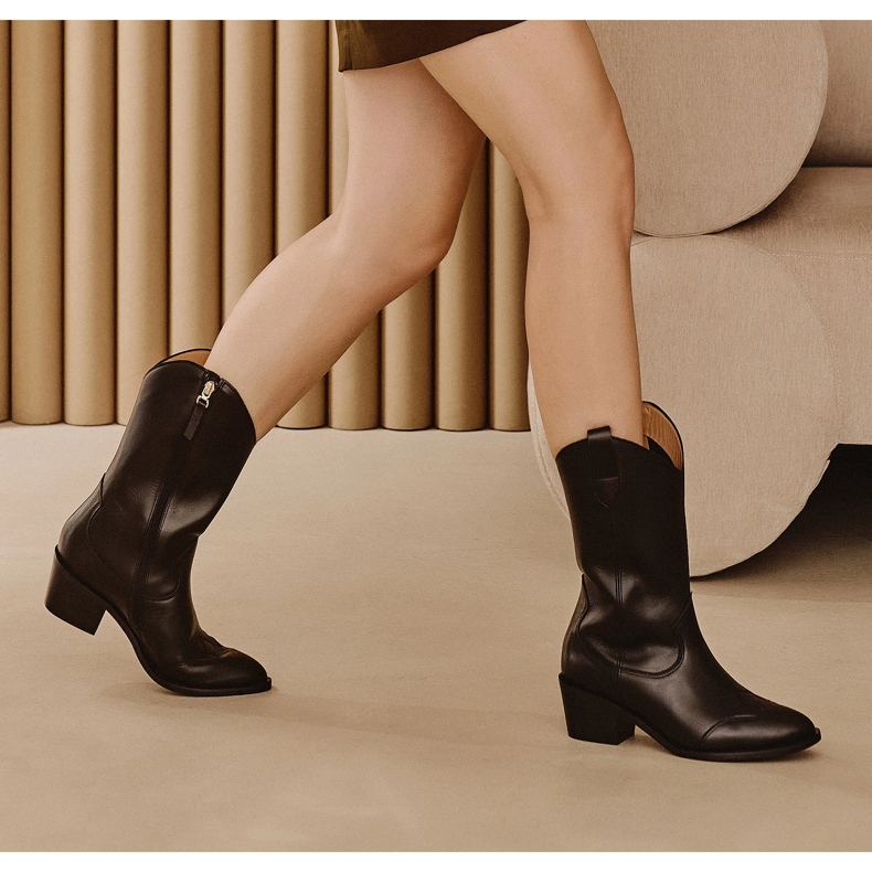 Marco Shoes Fekete valódi bőr cowboy csizma 1