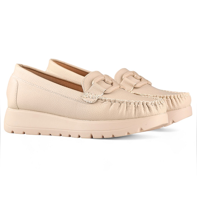 Bézs színű női mokaszinok ökobőrből a platformon, bőr talpbetéttel 1