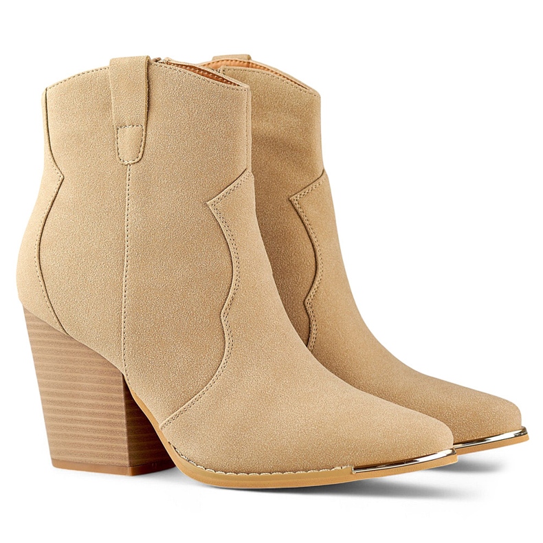 Bézs színű, klasszikus női velúr cowboy csizma magas sarkúval 1