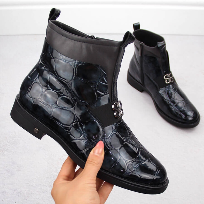 Női lakkbőr bokacsizma, fekete, Potocki 12544 1