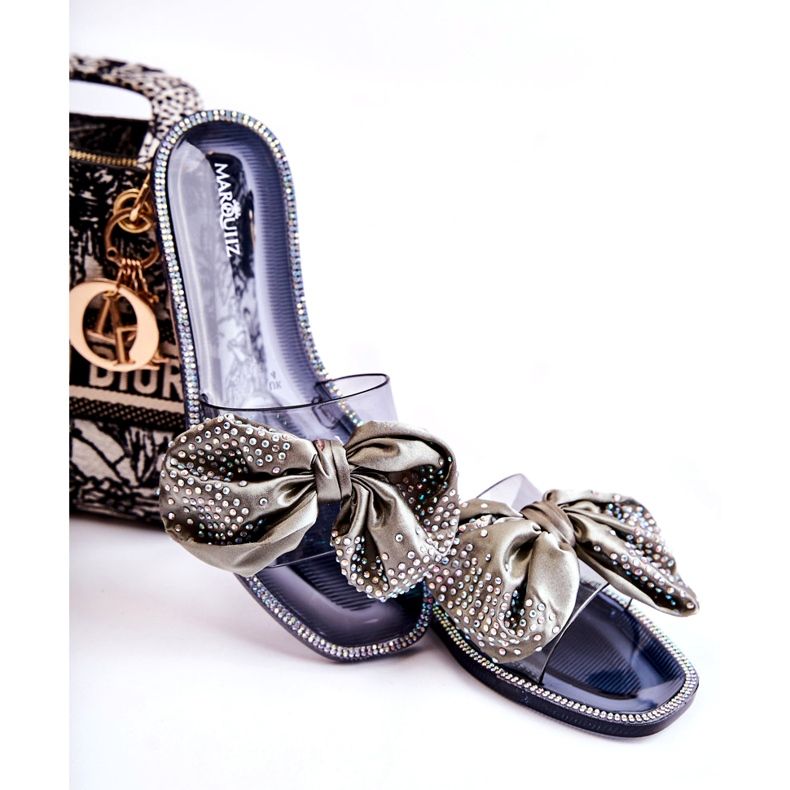 Női gumi papucs lehajlik íj és fekete-szürke cirkonokkal 1