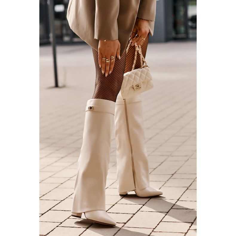 Női Eco bőrcsizma felfelé hajtott felsőrésszel, magas sarkú világos bézs Avamora színű 2