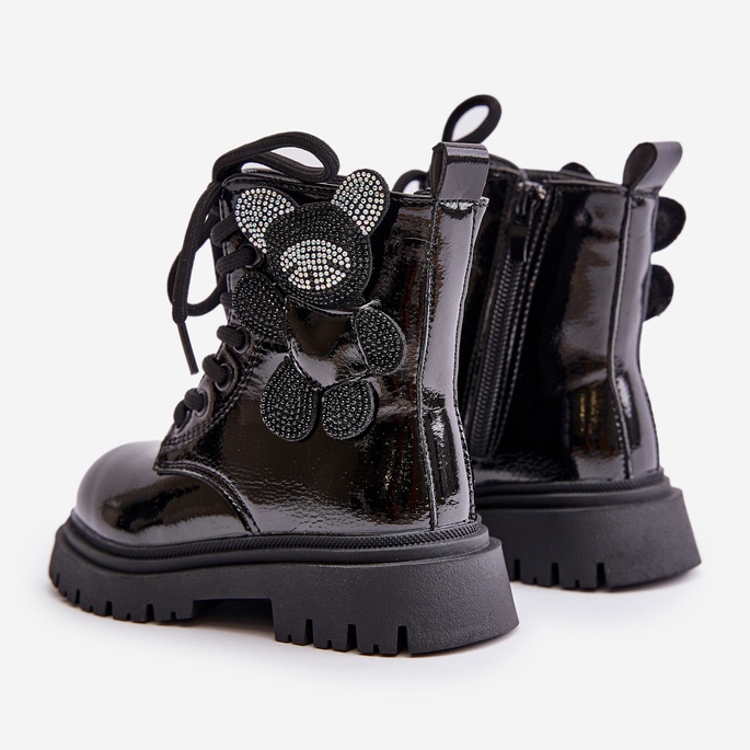 Hőszigetelt lány bokacsizma mackóval és cipzárral, lakkfekete Relobia 2