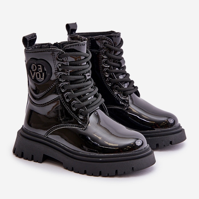 Lány lakkbőr csizma szőrme béléssel és cipzárral, fekete Evaliraea 1