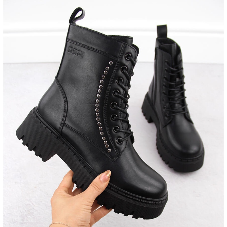 Női bőrmunkás szigetelt bokacsizma szegecsekkel, fekete Big Star OO274A255 1