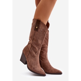 Hőszigetelt Cowboy csizma magas sarkon, Eco Suede Brown, Hanivin barna 1