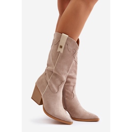 Hőszigetelt Cowboy csizma magas sarkú Eco Suede bézs Hanivin 1