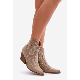 Díszített magas sarkú Cowboy csizma bézs Kaivina 1