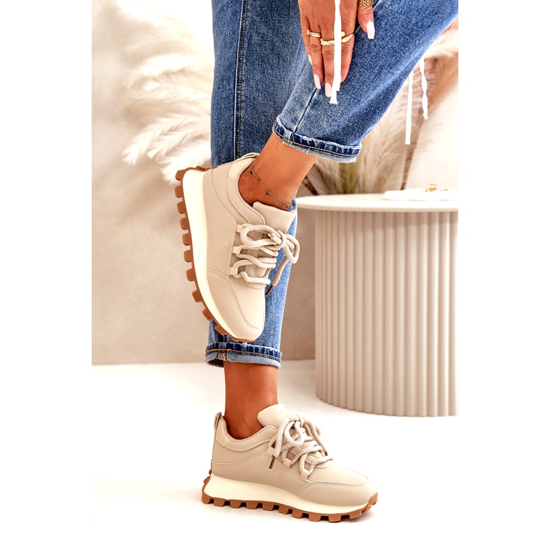 Sportcipő: Eco-bőr, bézs színű tornacipő platformon 4