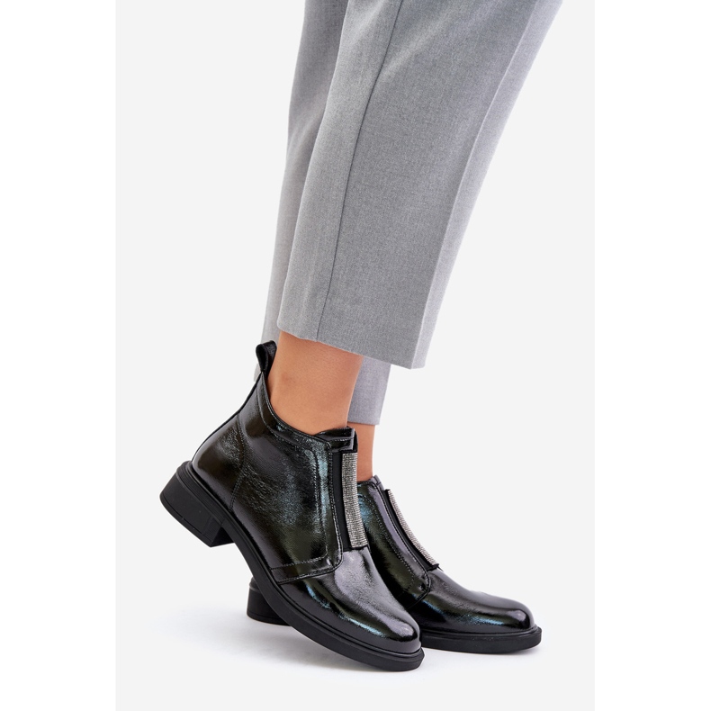 S.Barski Patent bőrből készült alacsony bokacsizma cipzáras díszítéssel D&amp;A MR880-142 fekete 1