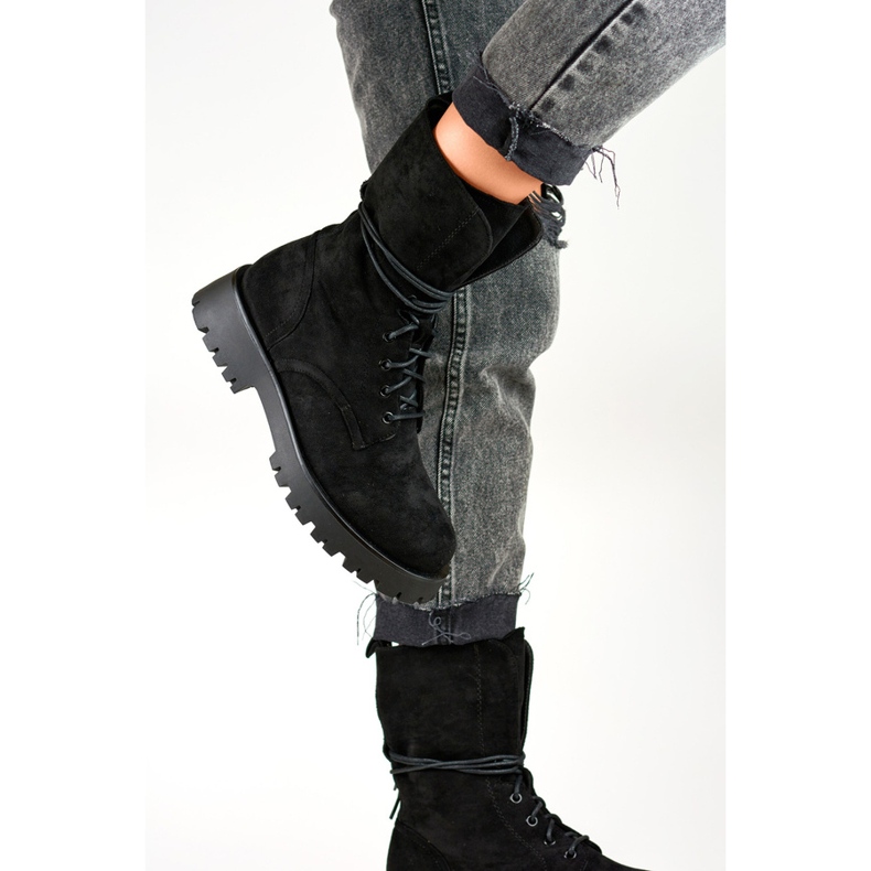 Női velúr fűzős bokacsizma fekete DE1051S-B bézs 1